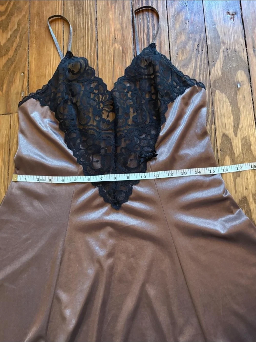 Silky Taupe Lace-Trim Slip Dress with Black Lace - Picture 4 of 7